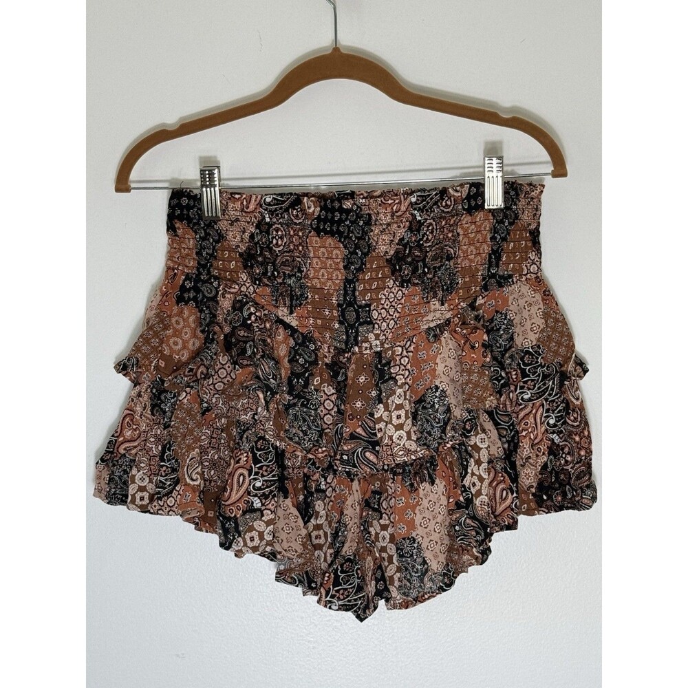 Ultra Flirt Smocked Mini Skirt Skort Sz M Paisley Ruffle Tier Patchwork Boho